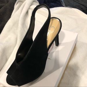 Jessica Simpson black suede peep toe heals